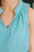 Load image into Gallery viewer, Camellia Split Neck Embroidered Tank in Aqua