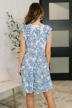 Load image into Gallery viewer, Lizzy Flutter Sleeve Dress in White and Blue Floral