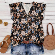 Load image into Gallery viewer, Flutter Sleeve Watercolor Floral &amp; Leopard Print V-Neck Top
