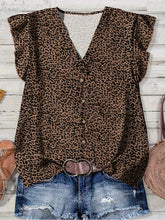 Load image into Gallery viewer, Flutter Sleeve Watercolor Floral &amp; Leopard Print V-Neck Top
