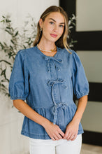 Load image into Gallery viewer, PREORDER: Balloon Sleeve Chambray Bow Blouse
