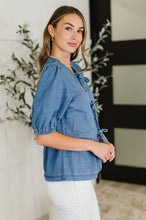 Load image into Gallery viewer, PREORDER: Balloon Sleeve Chambray Bow Blouse
