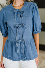 Load image into Gallery viewer, PREORDER: Balloon Sleeve Chambray Bow Blouse
