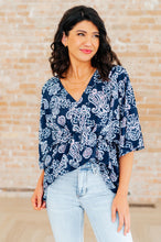 Load image into Gallery viewer, Dreamer Peplum Top in Navy and Pink Paisley
