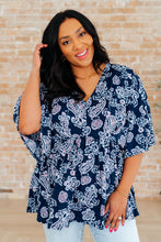 Load image into Gallery viewer, Dreamer Peplum Top in Navy and Pink Paisley
