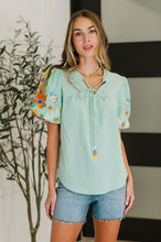Load image into Gallery viewer, PREORDER: Embroidered Puff Sleeve V-Neck Blouse in Aqua
