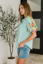 Load image into Gallery viewer, PREORDER: Embroidered Puff Sleeve V-Neck Blouse in Aqua
