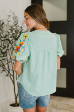 Load image into Gallery viewer, PREORDER: Embroidered Puff Sleeve V-Neck Blouse in Aqua
