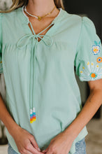 Load image into Gallery viewer, PREORDER: Embroidered Puff Sleeve V-Neck Blouse in Aqua
