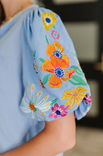 Load image into Gallery viewer, PREORDER: Embroidered Puff Sleeve V-Neck Blouse in Light Blue
