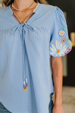 Load image into Gallery viewer, PREORDER: Embroidered Puff Sleeve V-Neck Blouse in Light Blue
