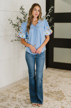 Load image into Gallery viewer, PREORDER: Embroidered Puff Sleeve V-Neck Blouse in Light Blue
