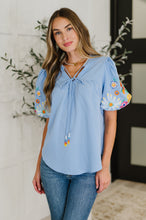 Load image into Gallery viewer, PREORDER: Embroidered Puff Sleeve V-Neck Blouse in Light Blue
