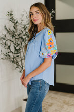 Load image into Gallery viewer, PREORDER: Embroidered Puff Sleeve V-Neck Blouse in Light Blue
