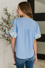 Load image into Gallery viewer, PREORDER: Embroidered Puff Sleeve V-Neck Blouse in Light Blue
