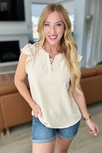 Load image into Gallery viewer, Crinkle Split Neckline Flutter Sleeve Top in Taupe
