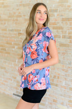 Load image into Gallery viewer, Lizzy Cap Sleeve Top in Dusty Blue and Coral Roses
