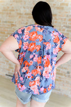 Load image into Gallery viewer, Lizzy Cap Sleeve Top in Dusty Blue and Coral Roses
