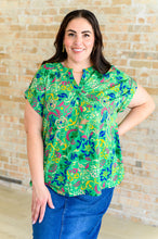 Load image into Gallery viewer, Lizzy Cap Sleeve Top in Green and Royal Watercolor Floral
