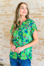 Load image into Gallery viewer, Lizzy Cap Sleeve Top in Green and Royal Watercolor Floral
