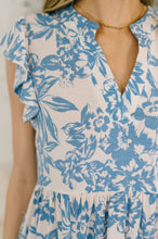 Load image into Gallery viewer, Lizzy Flutter Sleeve Dress in White and Blue Floral
