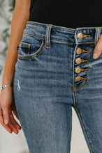 Load image into Gallery viewer, Marion Mid Rise Button Fly Flare with Destroy Fray Hem
