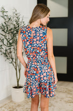 Load image into Gallery viewer, Meadow Mischief Sleeveless Romper in Navy/Orange/Teal

