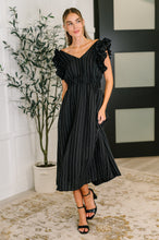 Load image into Gallery viewer, Pinstripe Romance V-Neck Ruffle Sleeve Dress in Black
