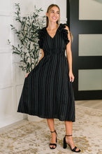 Load image into Gallery viewer, Pinstripe Romance V-Neck Ruffle Sleeve Dress in Black
