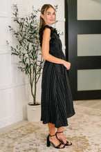 Load image into Gallery viewer, Pinstripe Romance V-Neck Ruffle Sleeve Dress in Black
