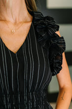 Load image into Gallery viewer, Pinstripe Romance V-Neck Ruffle Sleeve Dress in Black
