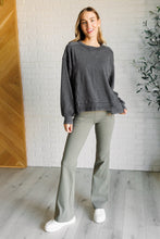 Load image into Gallery viewer, Building Habits Twill Flared Crossover Waist Pant in Dusty Olive
