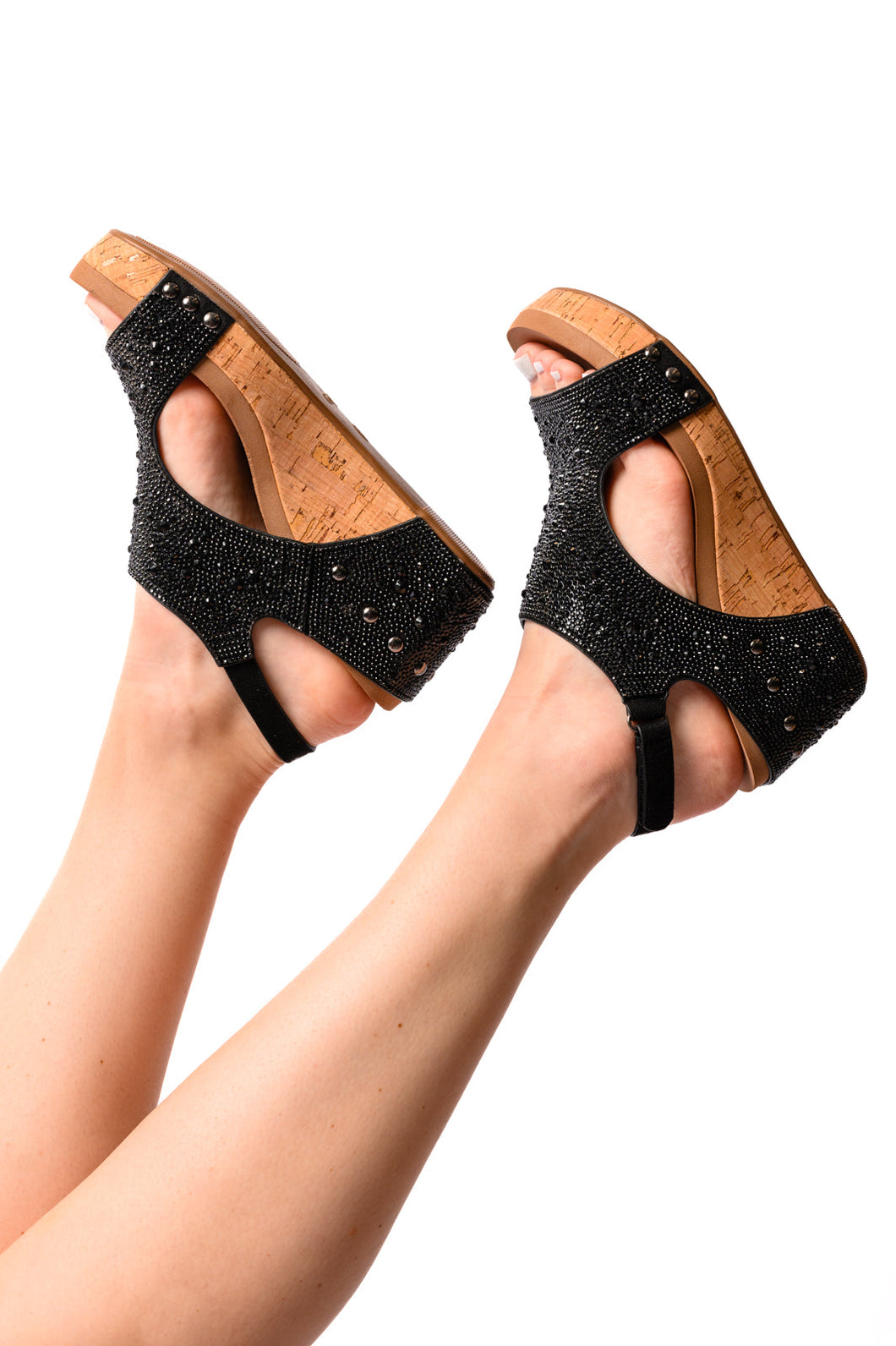 Ashley Wedge Sandals in Black Rhinestone