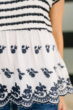 Load image into Gallery viewer, Too Sweet to Share Scalloped Hem Blouse in Ivory and Navy
