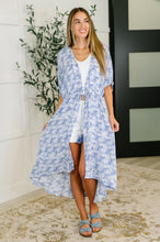 Load image into Gallery viewer, Tropical Print Gauze Kimono with Elastic Waist Tie in Periwinkle
