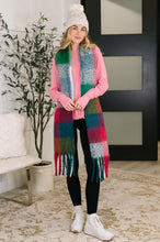 Load image into Gallery viewer, Wanderlust Wrap Oversized Plaid Fringe Scarf in Magenta and Teal
