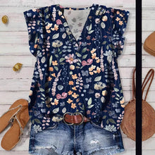 Load image into Gallery viewer, Flutter Sleeve Watercolor Floral &amp; Leopard Print V-Neck Top
