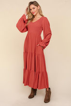 Load image into Gallery viewer, Smocking Maxi Woven Dress with Side Pockets in Marsala
