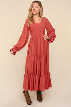 Load image into Gallery viewer, Smocking Maxi Woven Dress with Side Pockets in Marsala
