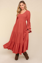 Load image into Gallery viewer, Smocking Maxi Woven Dress with Side Pockets in Marsala
