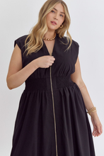 Load image into Gallery viewer, Solid V-Neck Sleeveless Dual Zipper Midi Dress in Black
