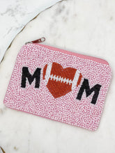 Load image into Gallery viewer, PREORDER: Football Heart &#39;Mom&#39; Beaded Zip Pouch in Two Colors
