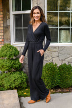 Load image into Gallery viewer, Onward &amp; Upward Faux Wrap Jumpsuit In Black
